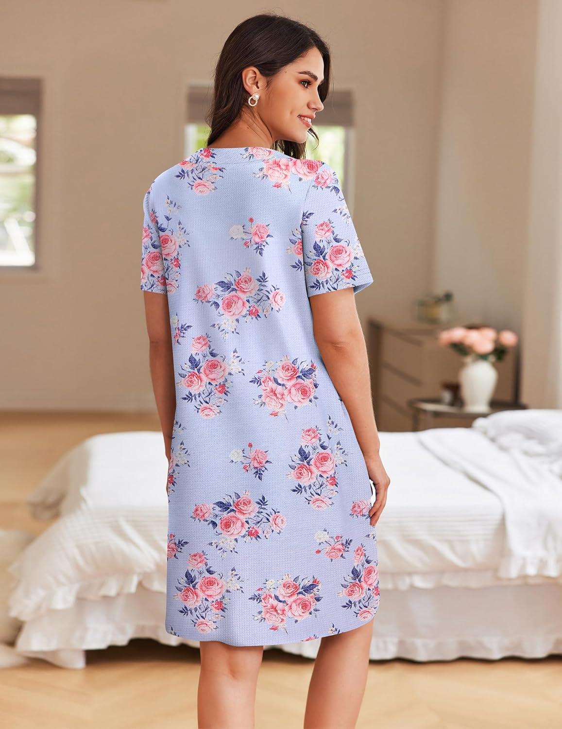 imageEkouaer Women Zipper Robes Waffle Short Bathrobe Lightweight House Coat with Pockets Soft Nightgown S3XLLight Blue Floral