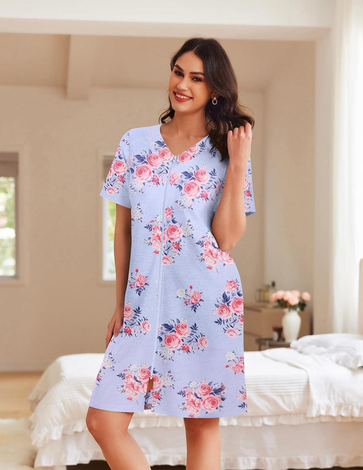 imageEkouaer Women Zipper Robes Waffle Short Bathrobe Lightweight House Coat with Pockets Soft Nightgown S3XLLight Blue Floral