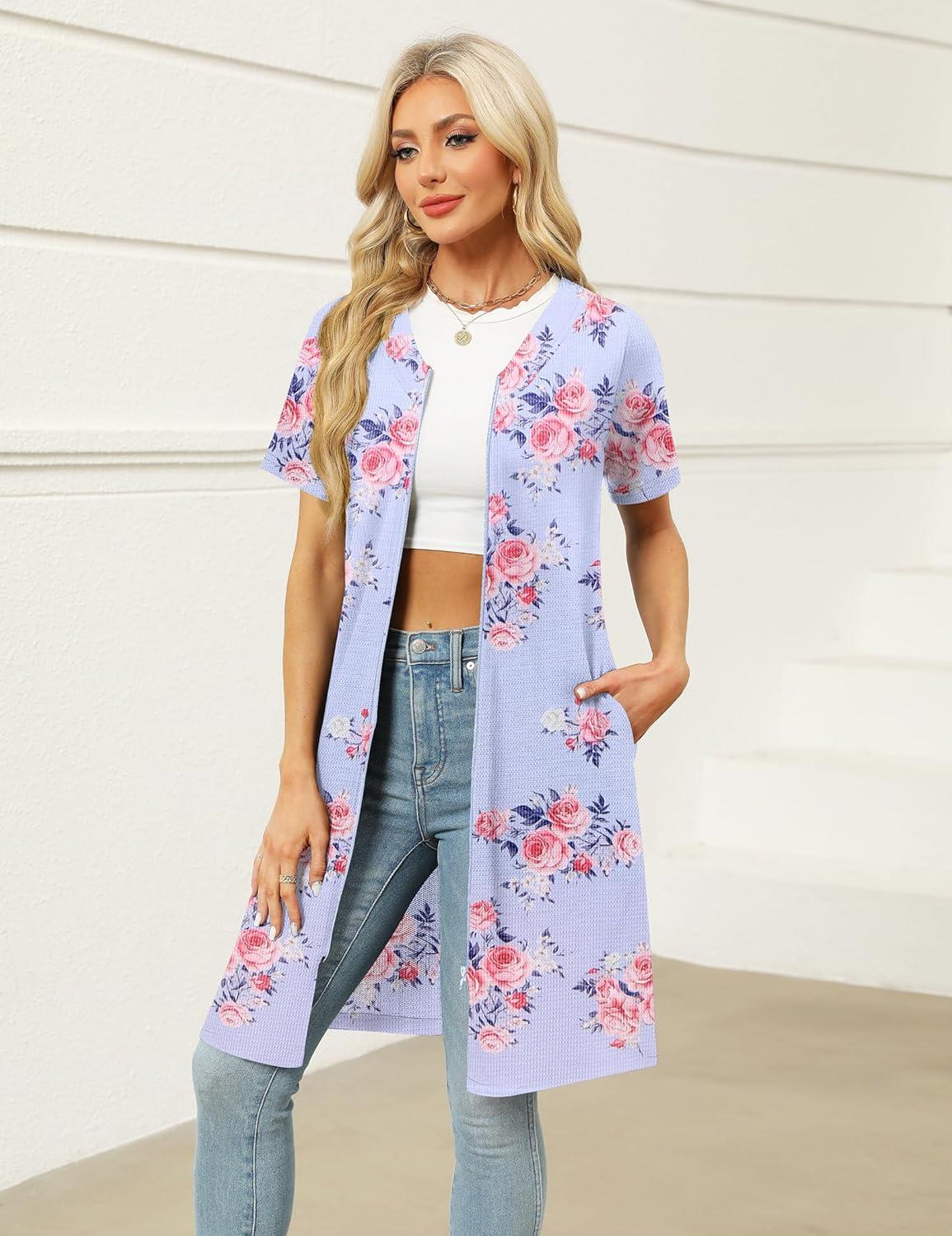 imageEkouaer Women Zipper Robes Waffle Short Bathrobe Lightweight House Coat with Pockets Soft Nightgown S3XLLight Blue Floral