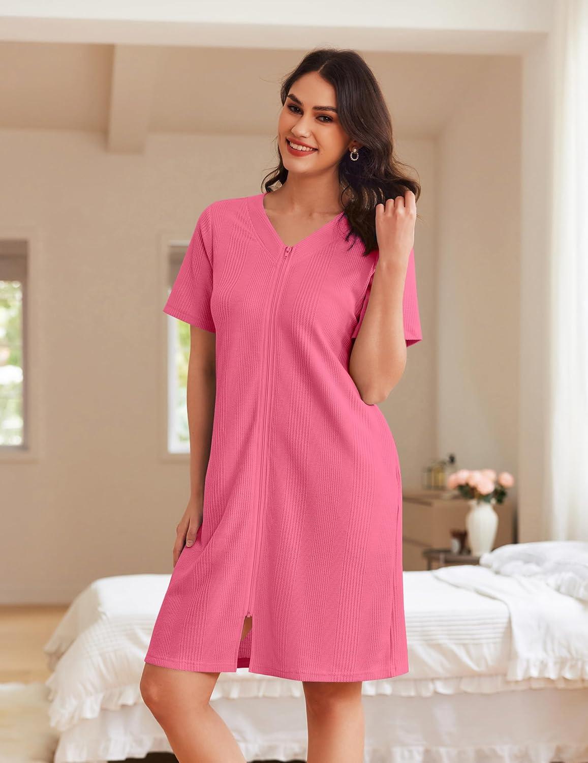 imageEkouaer Women Zipper Robes Waffle Short Bathrobe Lightweight House Coat with Pockets Soft Nightgown S3XLRose