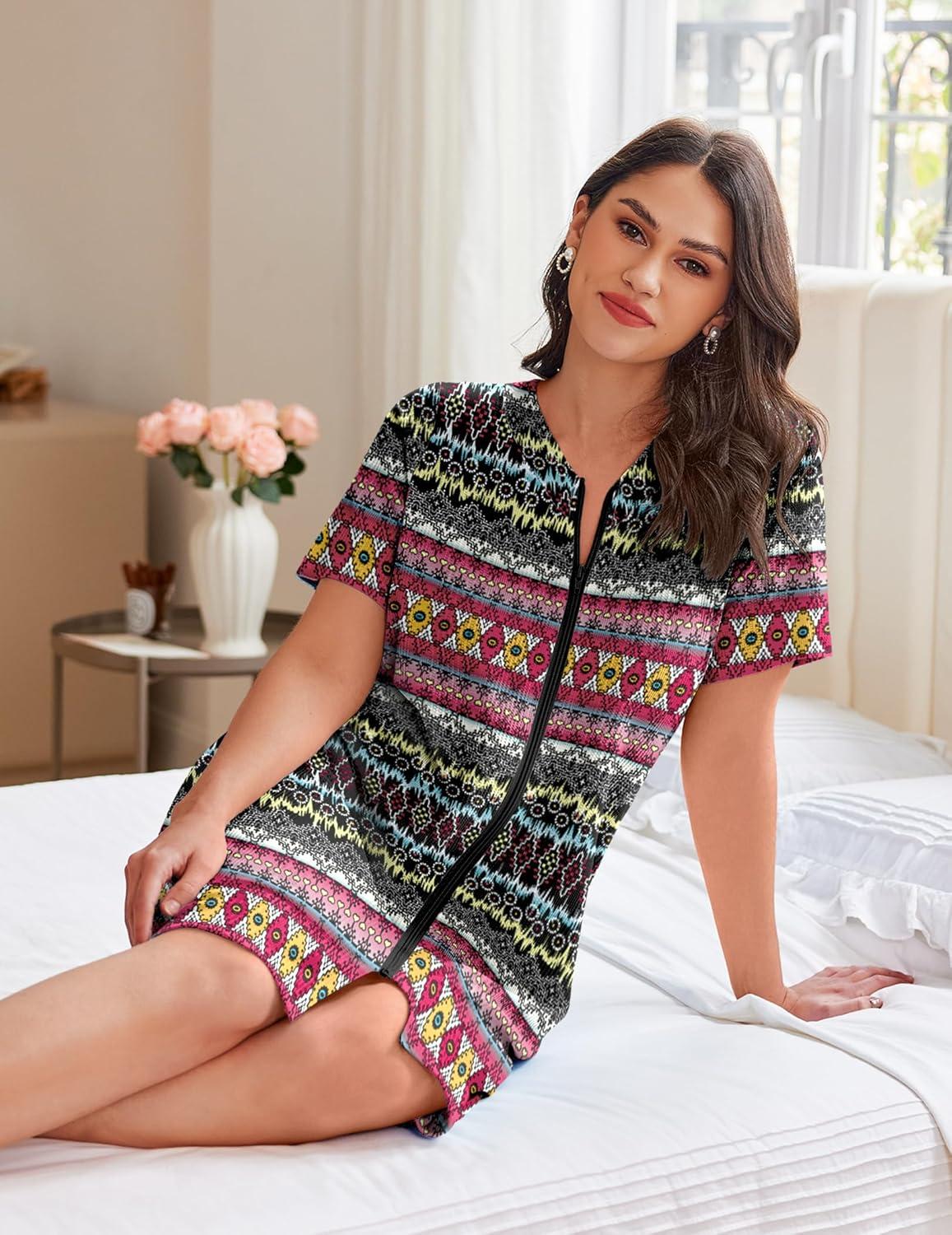 imageEkouaer Women Zipper Robes Waffle Short Bathrobe Lightweight House Coat with Pockets Soft Nightgown S3XLTribal Geo Stripe
