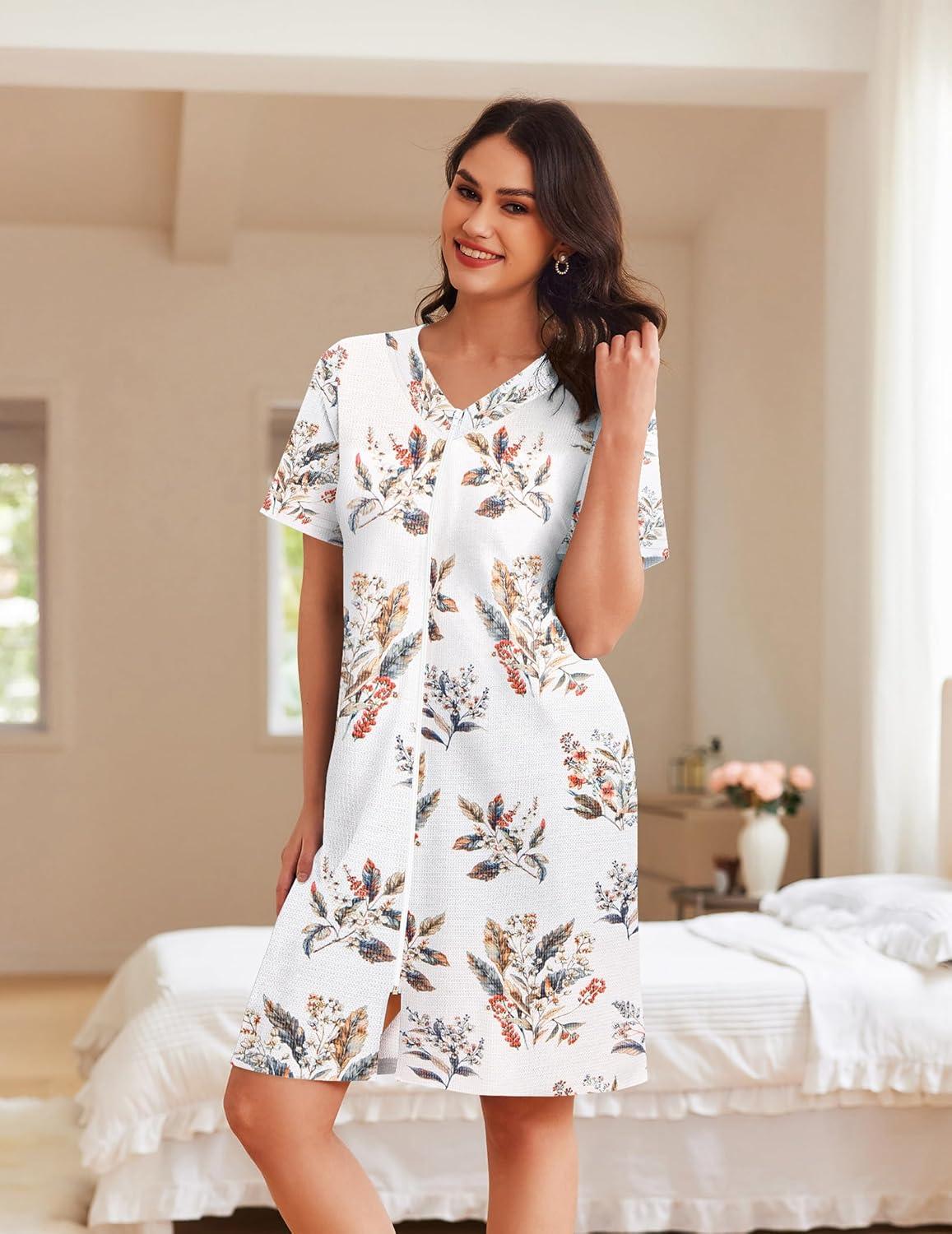 imageEkouaer Women Zipper Robes Waffle Short Bathrobe Lightweight House Coat with Pockets Soft Nightgown S3XLWhite Leaf