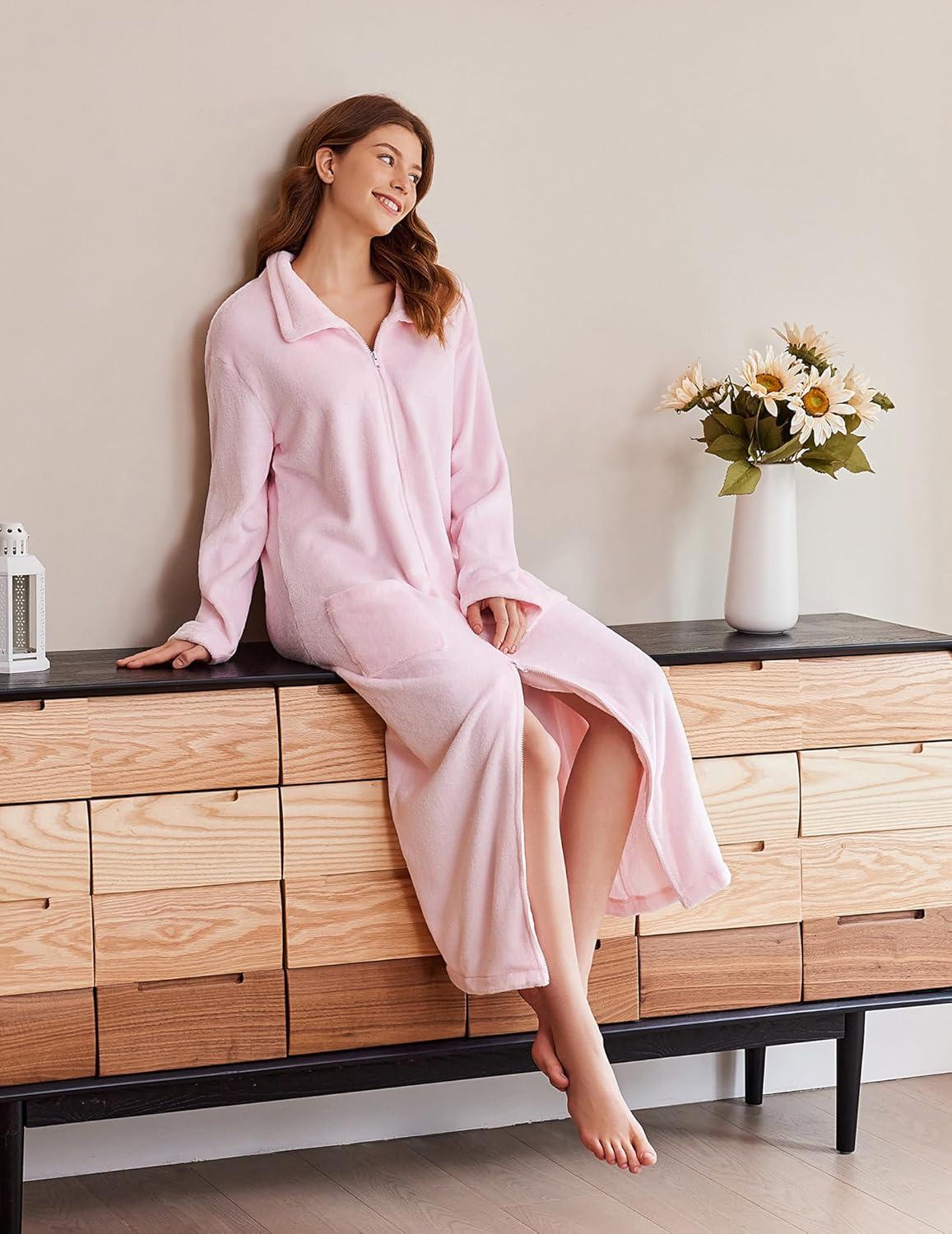 imageEkouaer Womens Flannel Robe Zipper Front Robes Full Length Bathrobe PinkXLarge