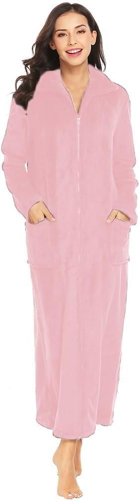 imageEkouaer Womens Flannel Robe Zipper Front Robes Full Length Bathrobe PinkXLarge