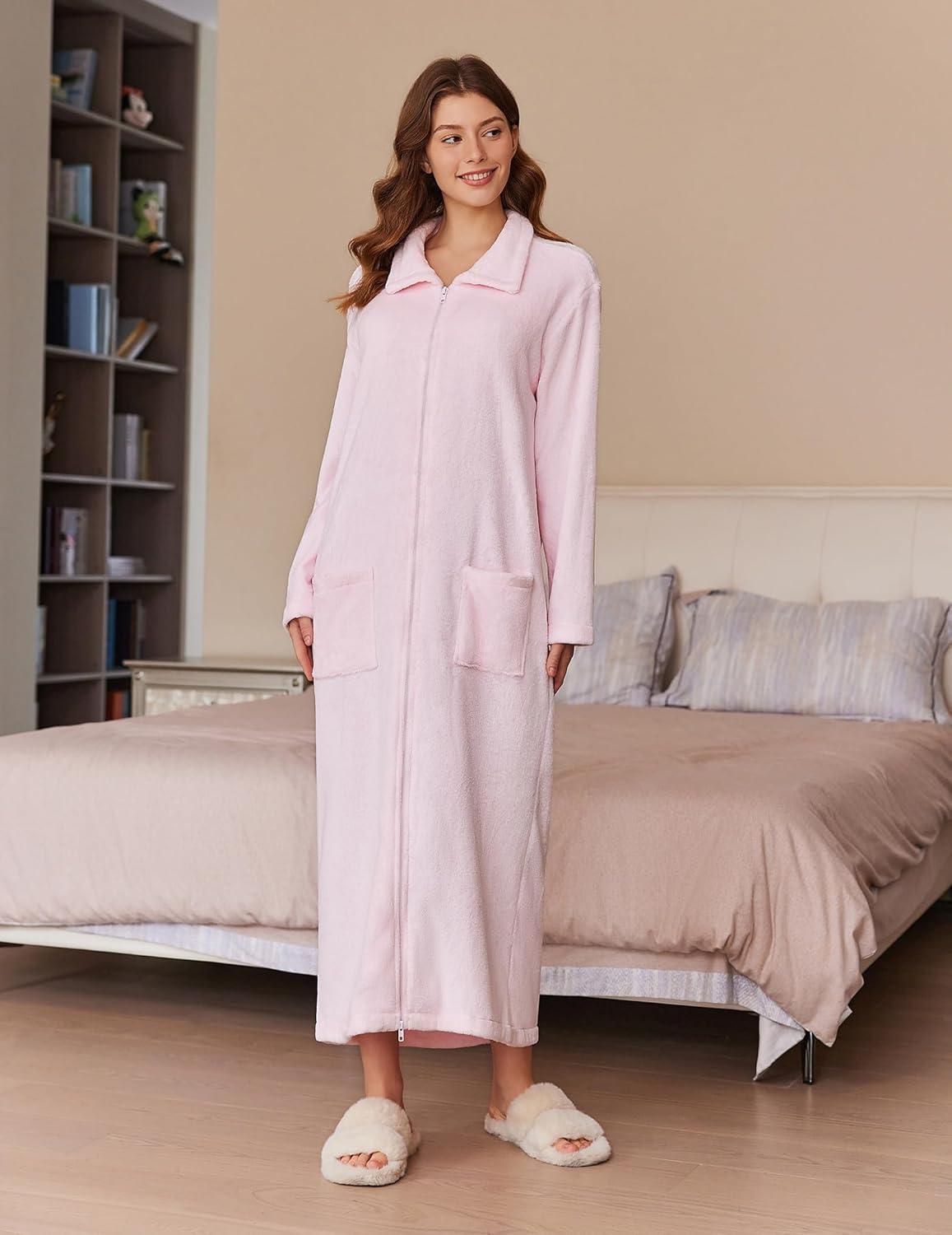 imageEkouaer Womens Flannel Robe Zipper Front Robes Full Length Bathrobe PinkXLarge