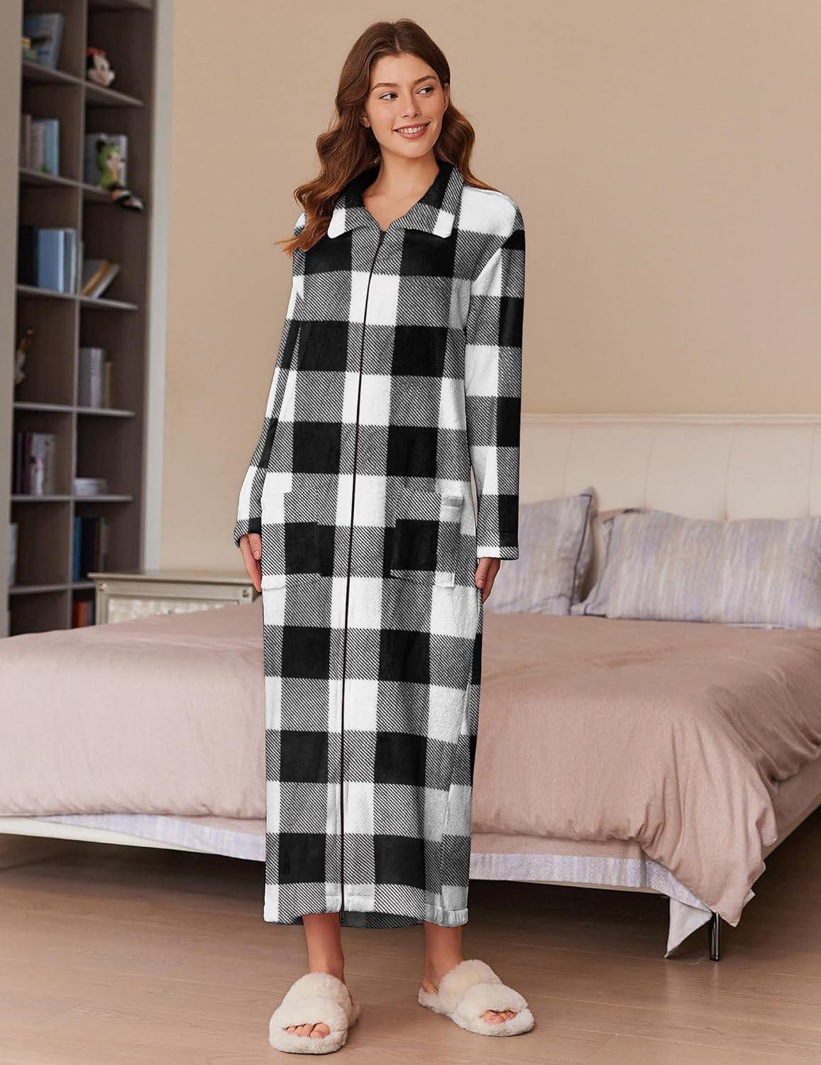 imageEkouaer Womens Flannel Robe Zipper Front Robes Full Length BathrobeSXXLBlack White Plaid