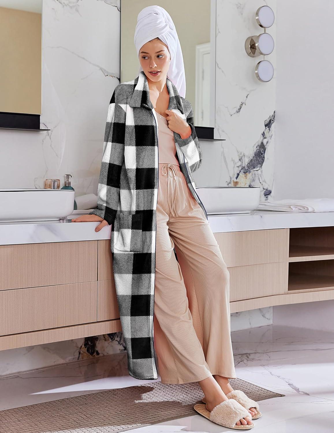 imageEkouaer Womens Flannel Robe Zipper Front Robes Full Length BathrobeSXXLBlack White Plaid