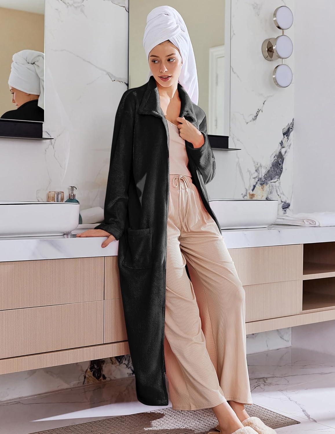 imageEkouaer Womens Flannel Robe Zipper Front Robes Full Length BathrobeSXXLBlack
