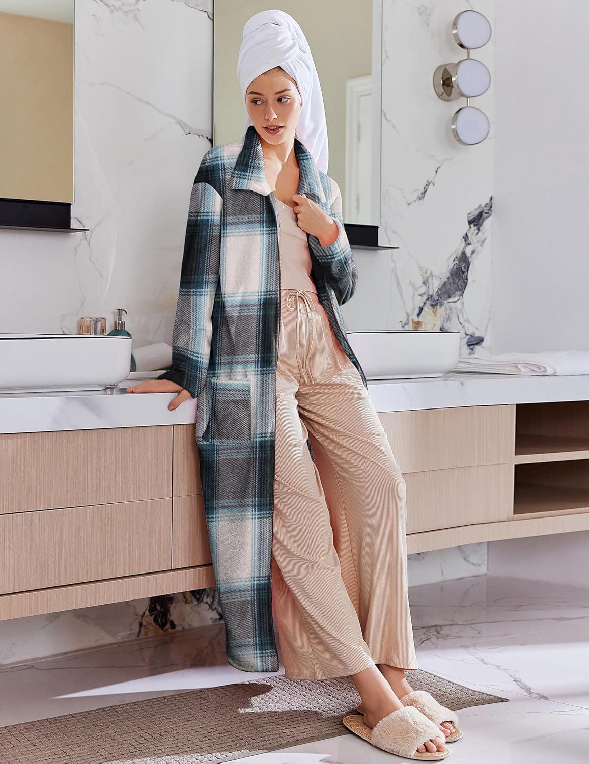 imageEkouaer Womens Flannel Robe Zipper Front Robes Full Length BathrobeSXXLBlack Blue Green Plaid