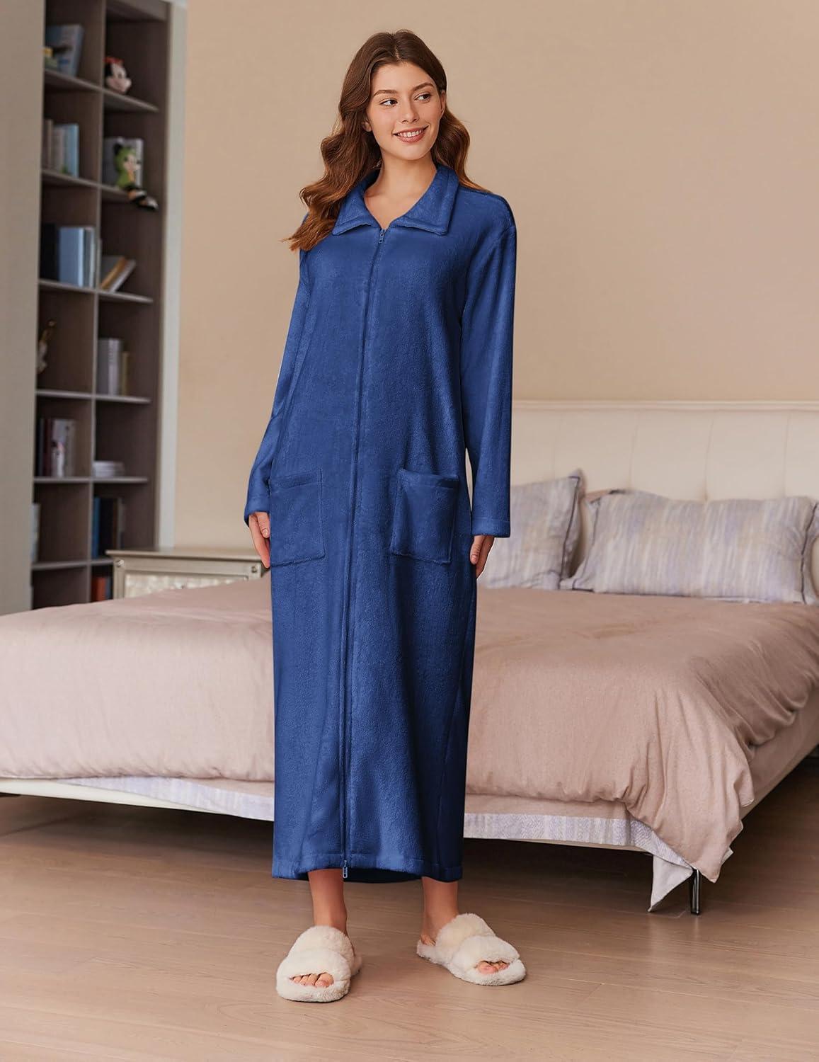 imageEkouaer Womens Flannel Robe Zipper Front Robes Full Length BathrobeSXXLDark Blue