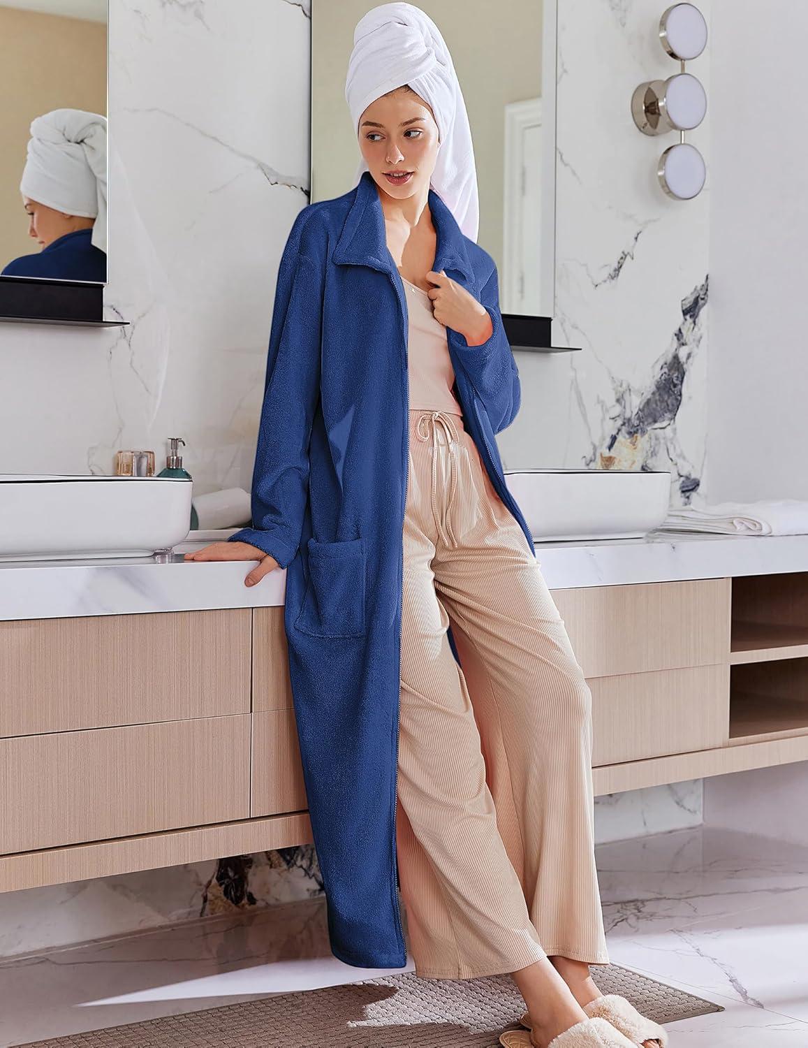 imageEkouaer Womens Flannel Robe Zipper Front Robes Full Length BathrobeSXXLDark Blue