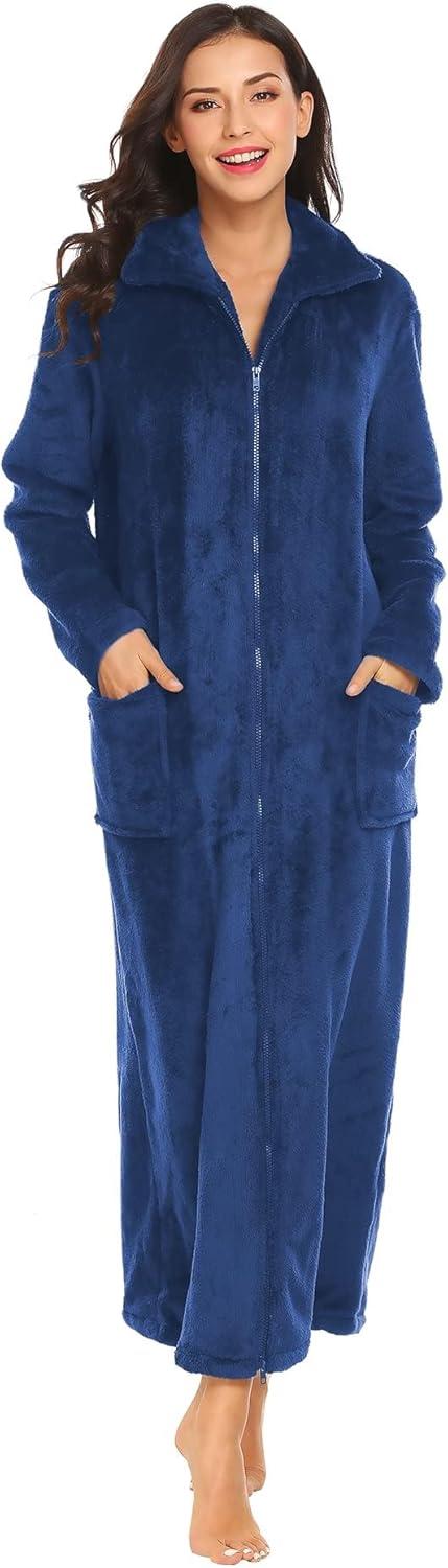 imageEkouaer Womens Flannel Robe Zipper Front Robes Full Length BathrobeSXXLDark Blue
