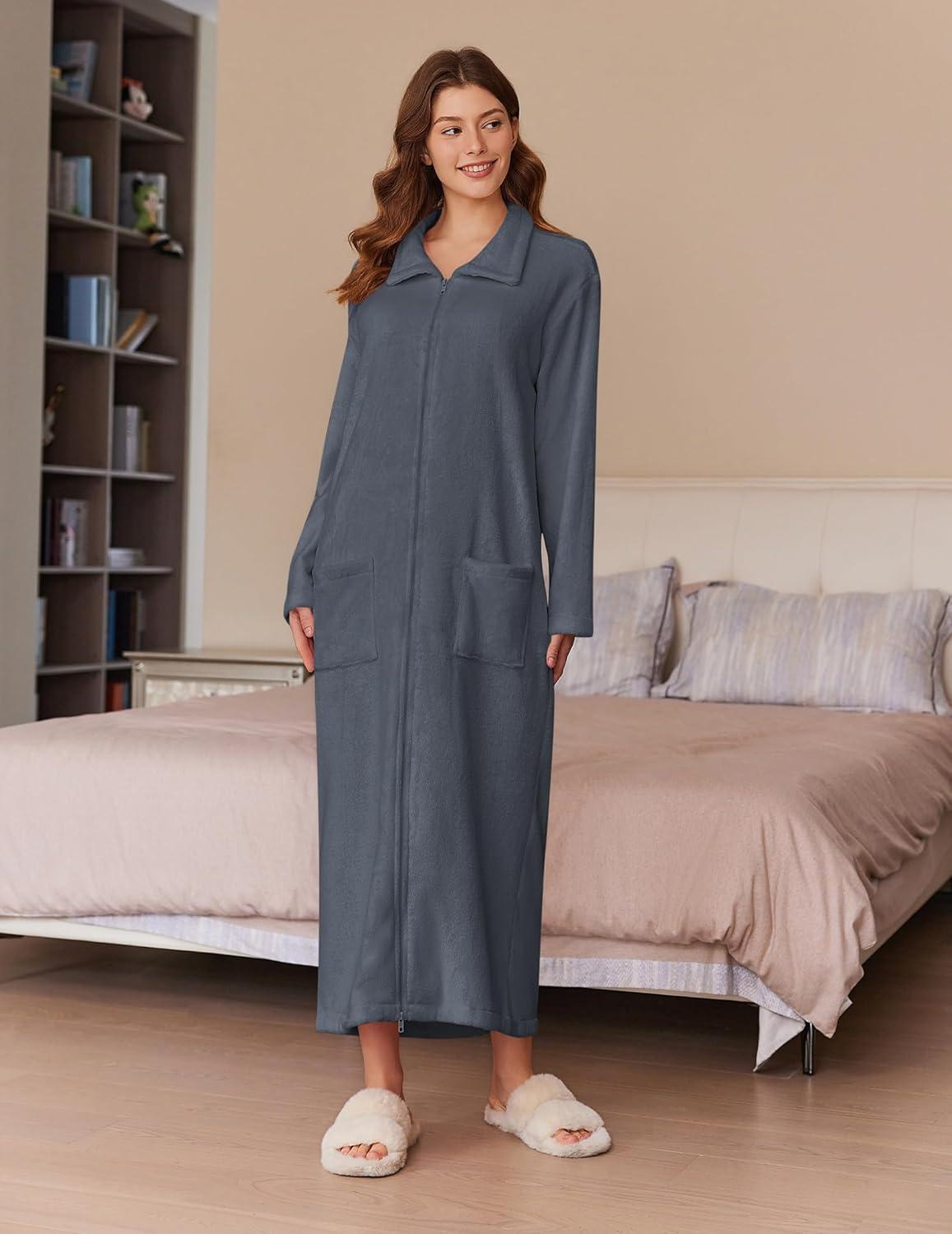 imageEkouaer Womens Flannel Robe Zipper Front Robes Full Length BathrobeSXXLDark Grey