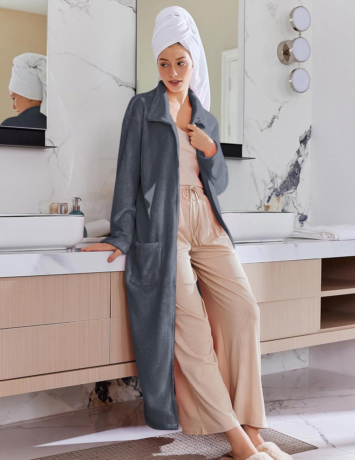 imageEkouaer Womens Flannel Robe Zipper Front Robes Full Length BathrobeSXXLDark Grey