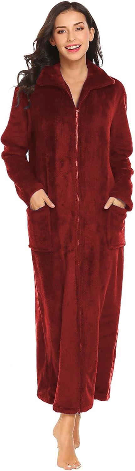 imageEkouaer Womens Flannel Robe Zipper Front Robes Full Length BathrobeSXXLDark Red