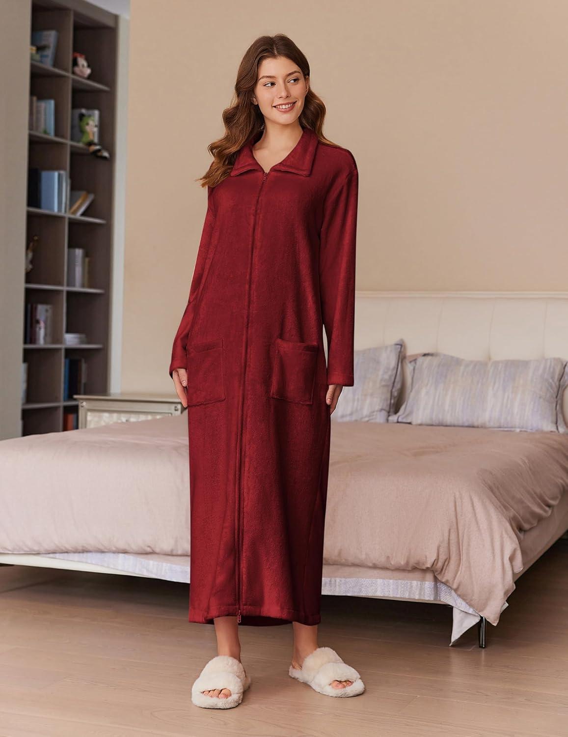 imageEkouaer Womens Flannel Robe Zipper Front Robes Full Length BathrobeSXXLDark Red