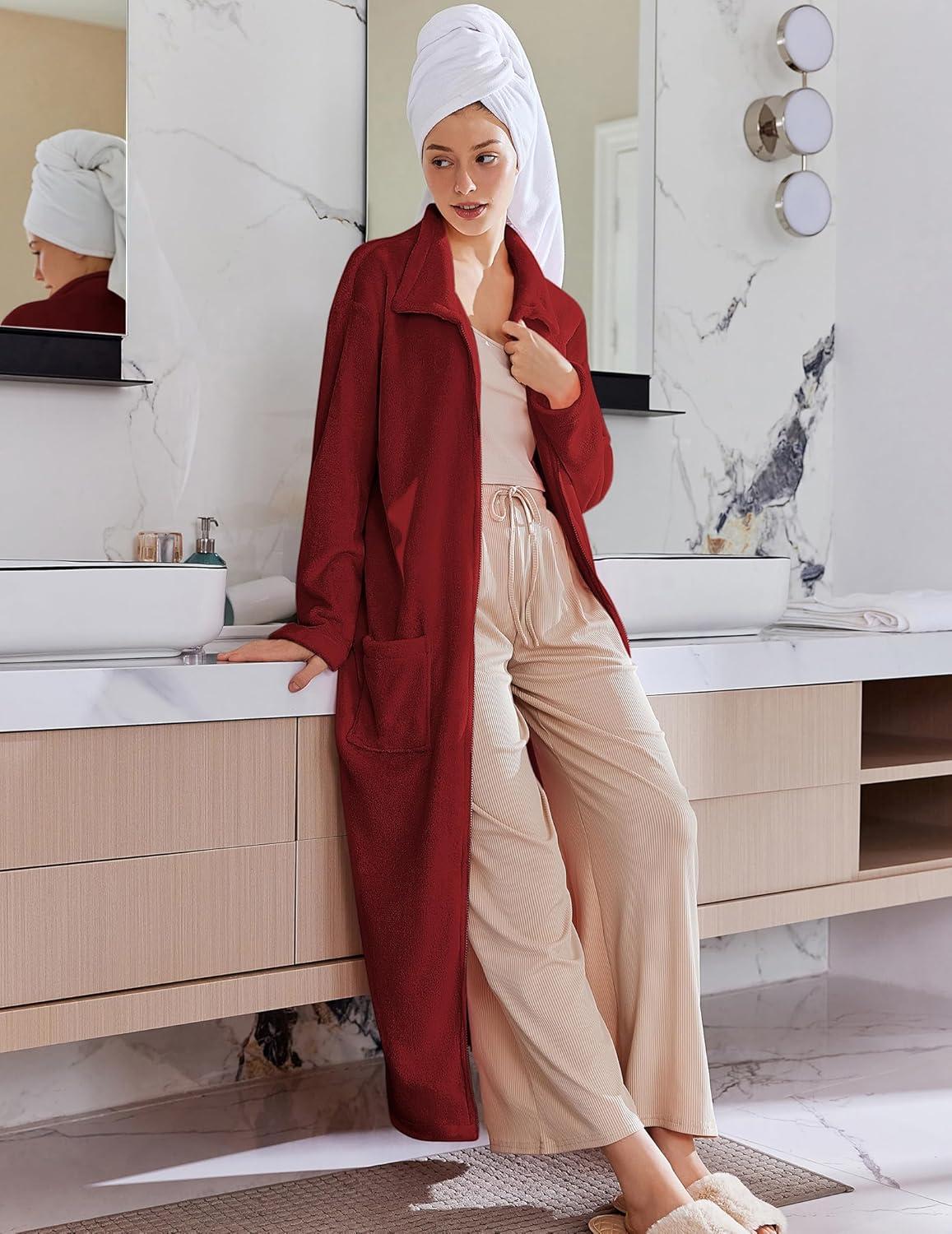 imageEkouaer Womens Flannel Robe Zipper Front Robes Full Length BathrobeSXXLDark Red