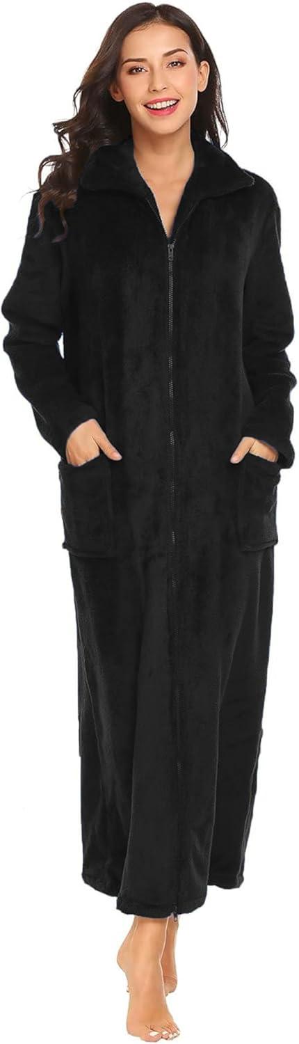 imageEkouaer Womens Flannel Robe Zipper Front Robes Full Length BathrobeSXXLHblack
