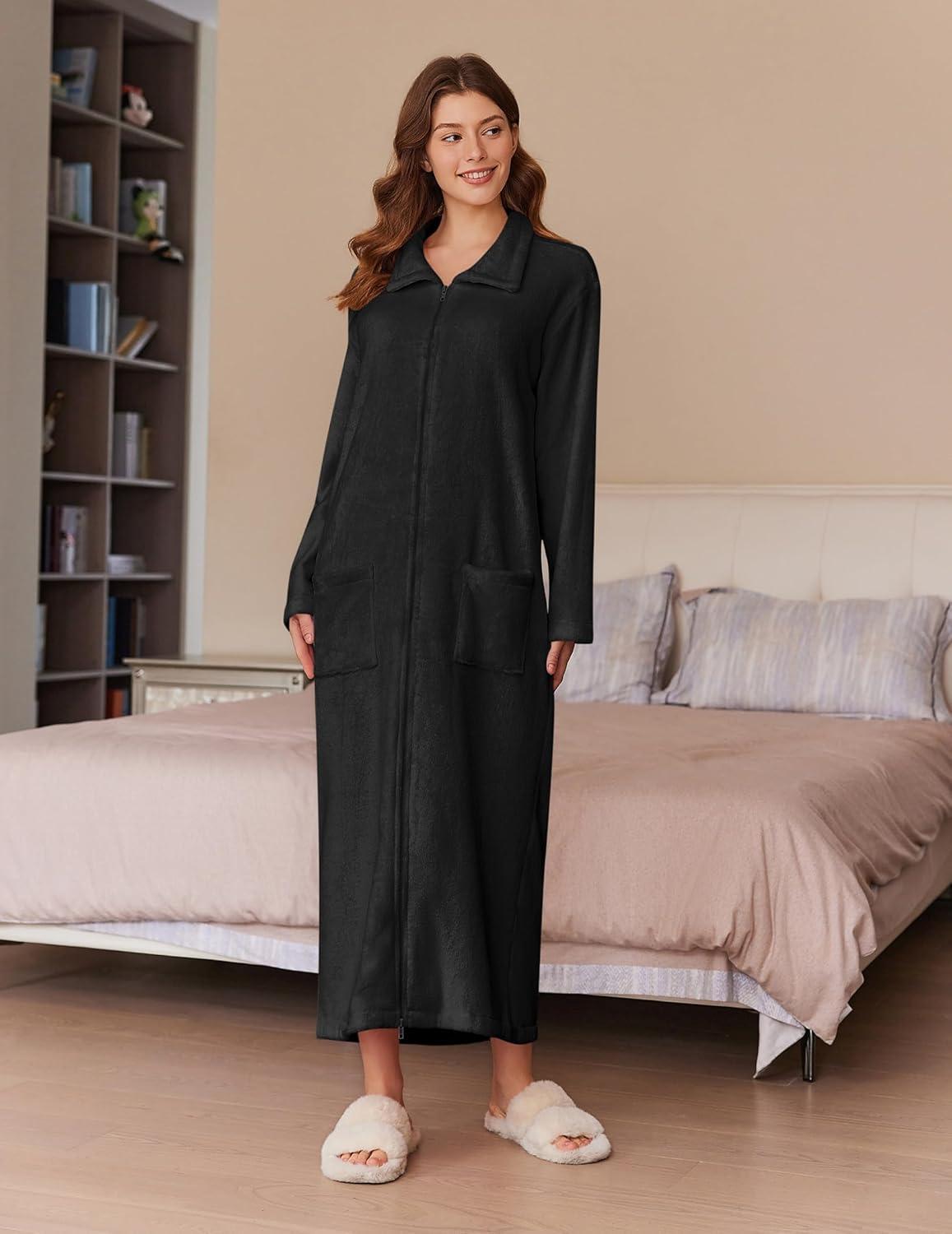 imageEkouaer Womens Flannel Robe Zipper Front Robes Full Length BathrobeSXXLHblack