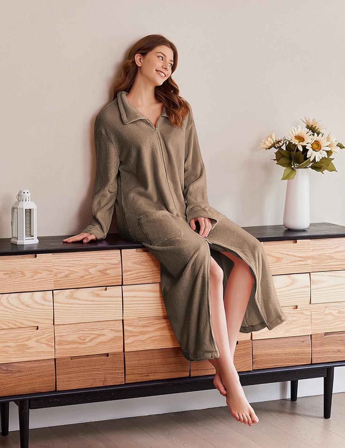imageEkouaer Womens Flannel Robe Zipper Front Robes Full Length BathrobeSXXLKhaki