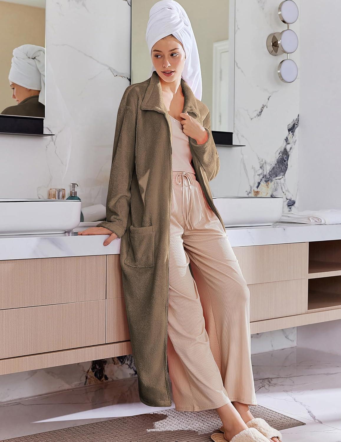 imageEkouaer Womens Flannel Robe Zipper Front Robes Full Length BathrobeSXXLKhaki