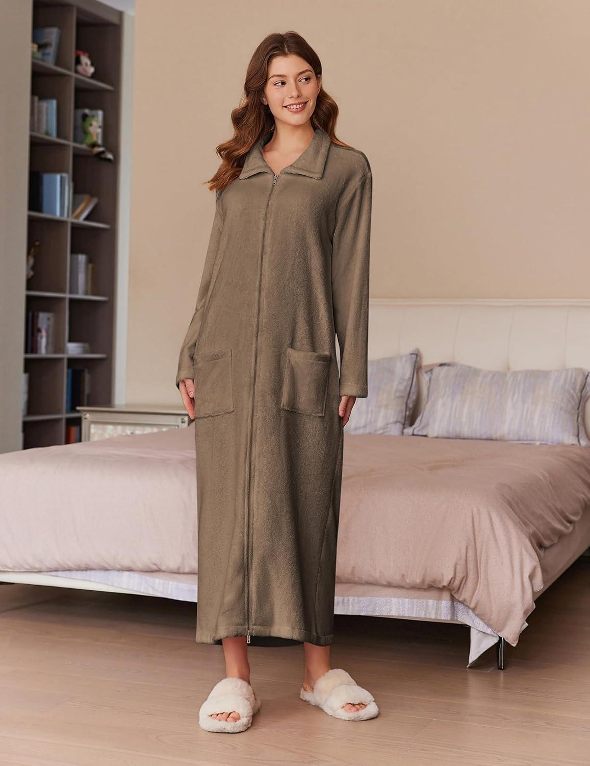 imageEkouaer Womens Flannel Robe Zipper Front Robes Full Length BathrobeSXXLKhaki