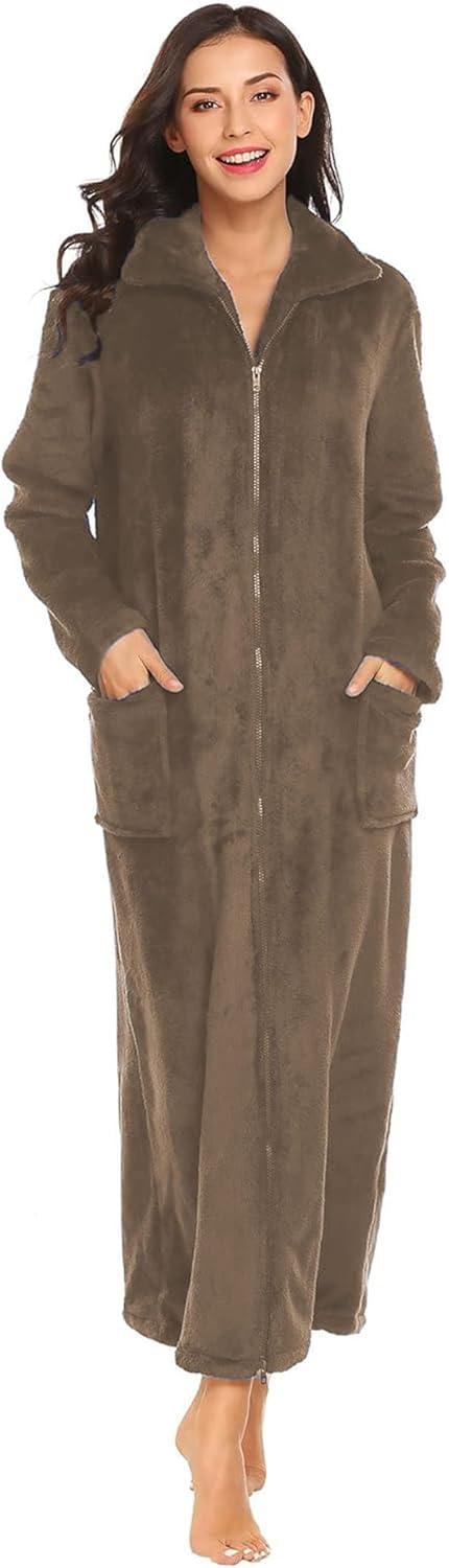 imageEkouaer Womens Flannel Robe Zipper Front Robes Full Length BathrobeSXXLKhaki