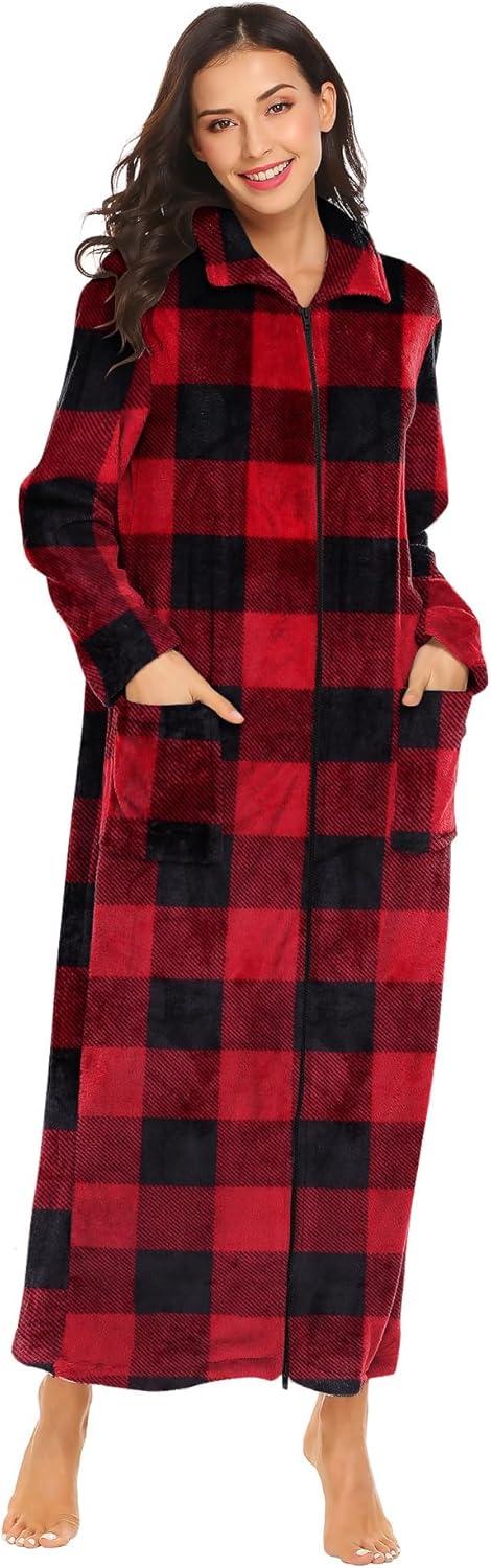 imageEkouaer Womens Flannel Robe Zipper Front Robes Full Length BathrobeSXXLRed Black Plaid