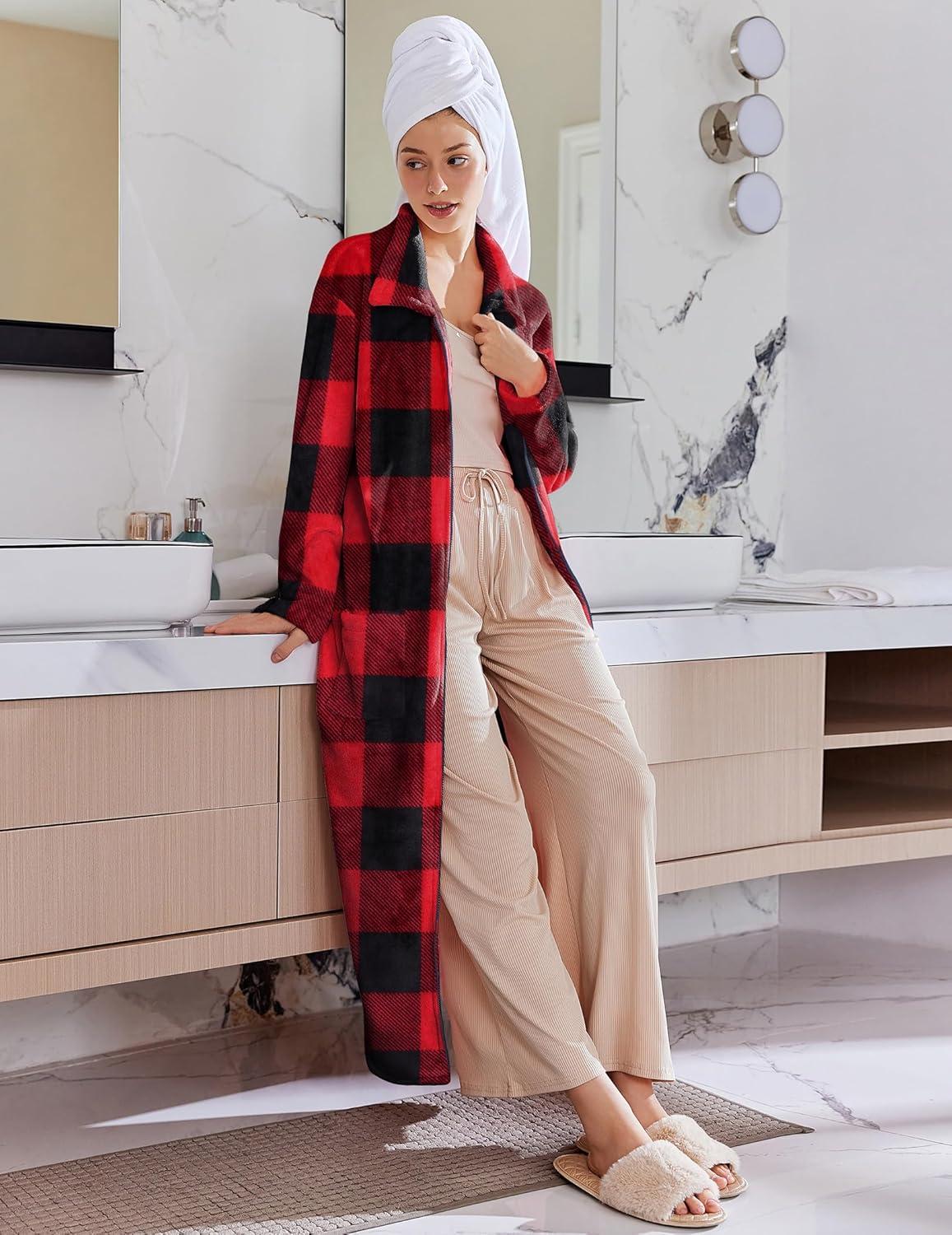 imageEkouaer Womens Flannel Robe Zipper Front Robes Full Length BathrobeSXXLRed Black Plaid