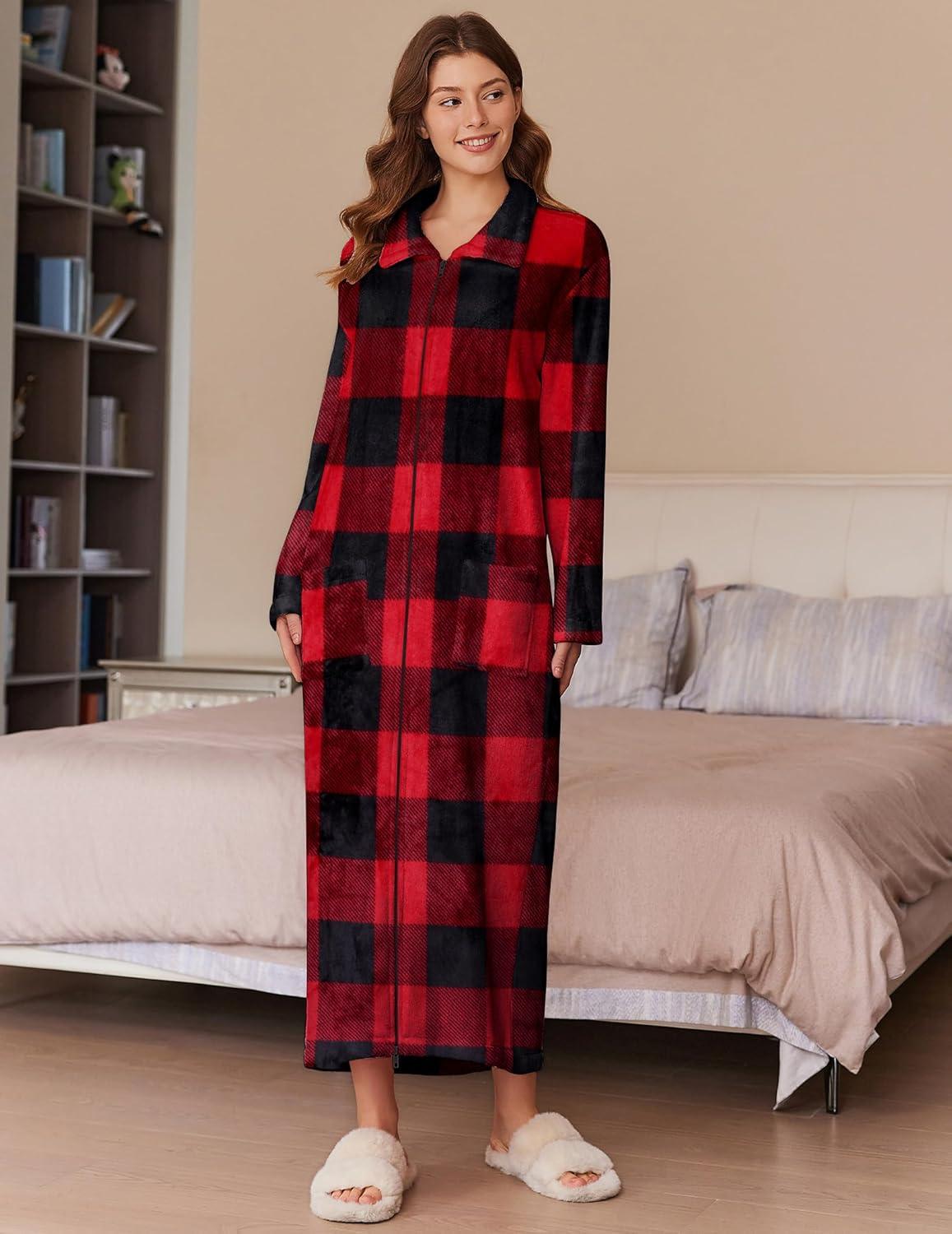 imageEkouaer Womens Flannel Robe Zipper Front Robes Full Length BathrobeSXXLRed Black Plaid