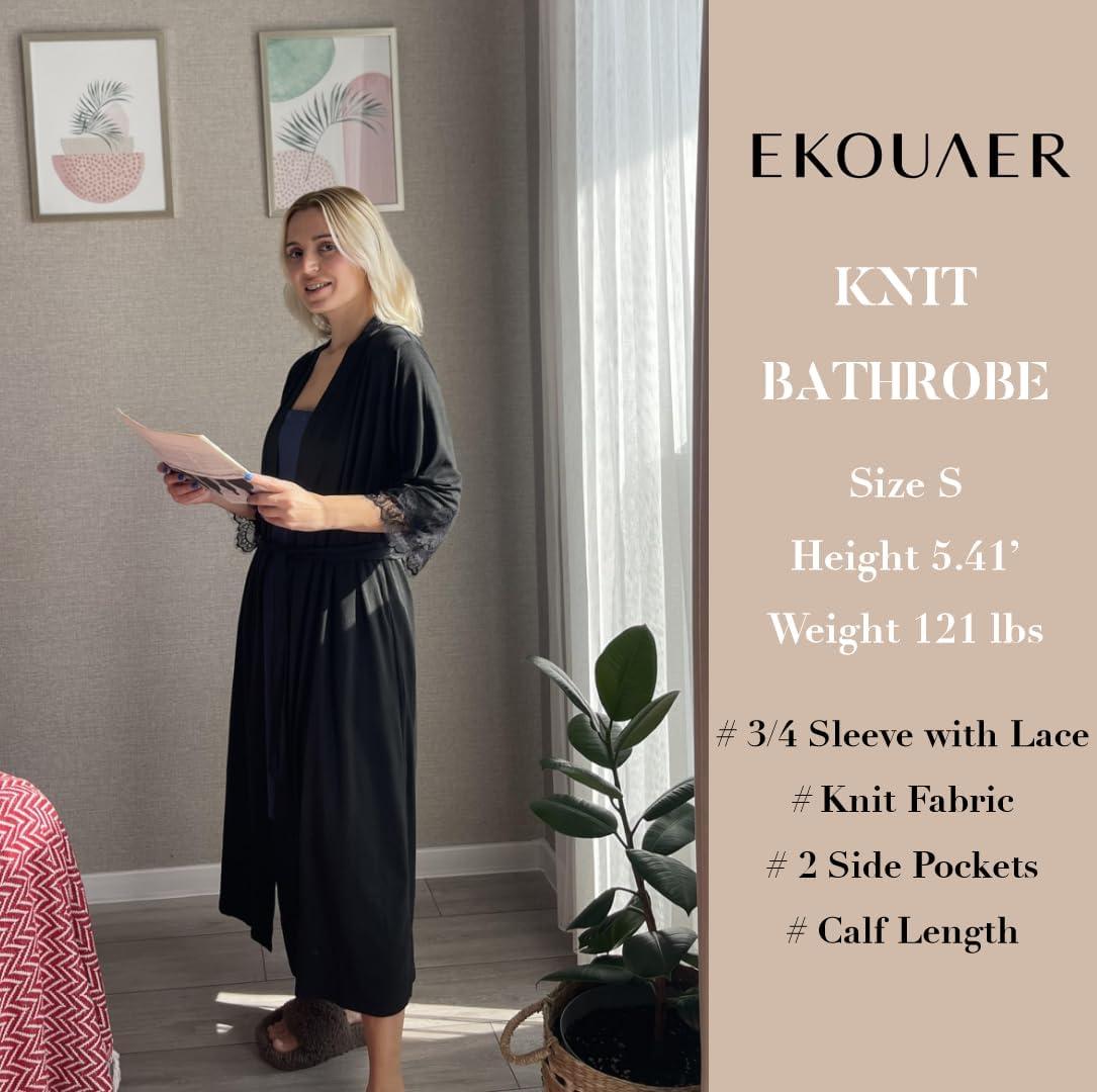 imageEkouaer Womens Knit Bathrobe Lace Kimono Robes with Pockets Full Length Lightweight Loungewear SXXLBlack