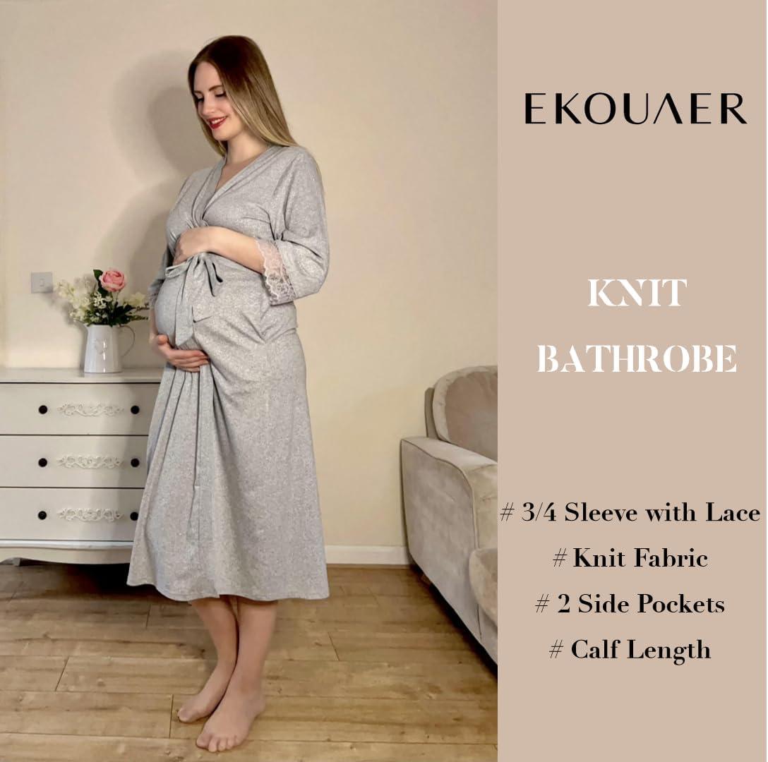 imageEkouaer Womens Knit Bathrobe Lace Kimono Robes with Pockets Full Length Lightweight Loungewear SXXLLight Gray