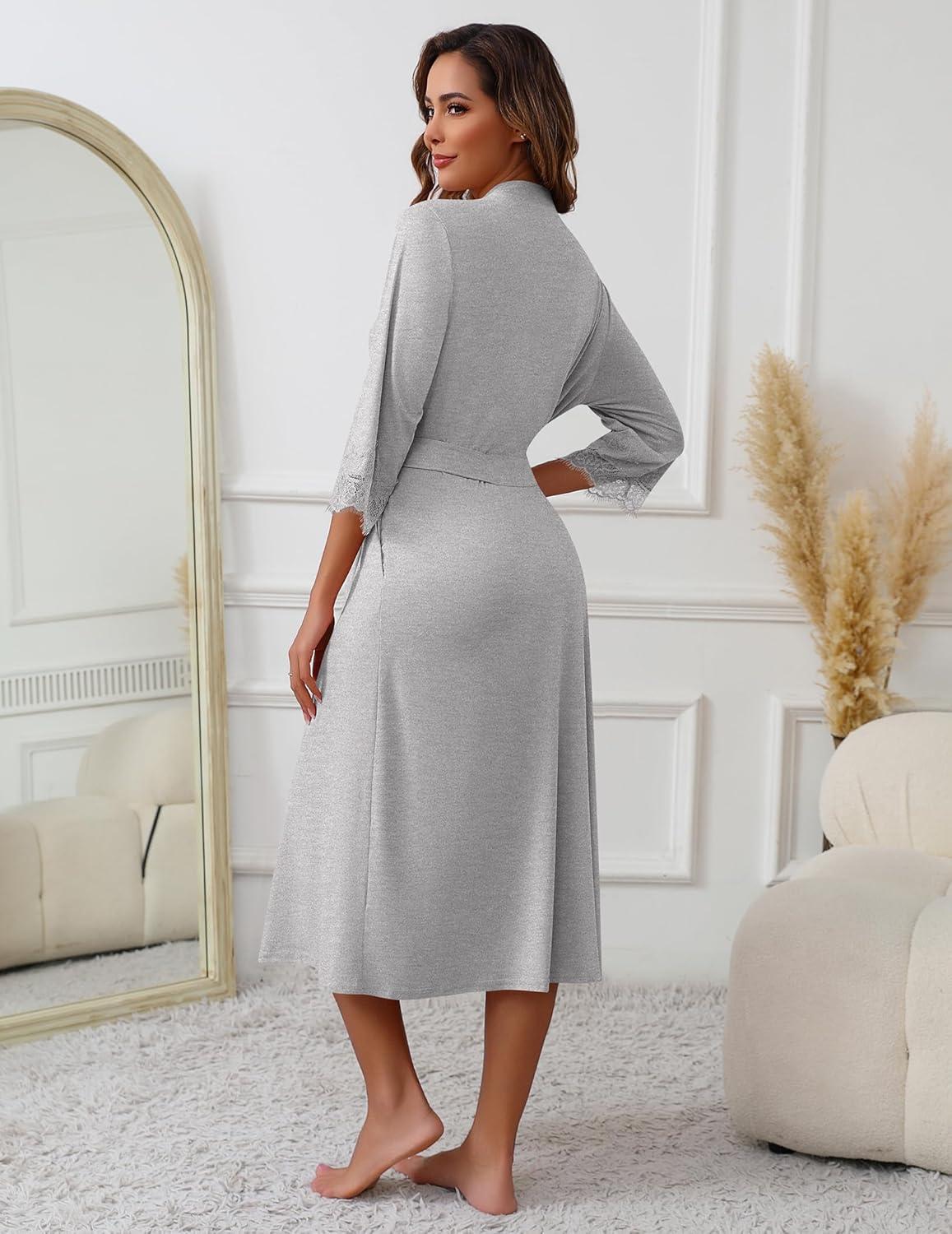 imageEkouaer Womens Knit Bathrobe Lace Kimono Robes with Pockets Full Length Lightweight Loungewear SXXLLight Gray
