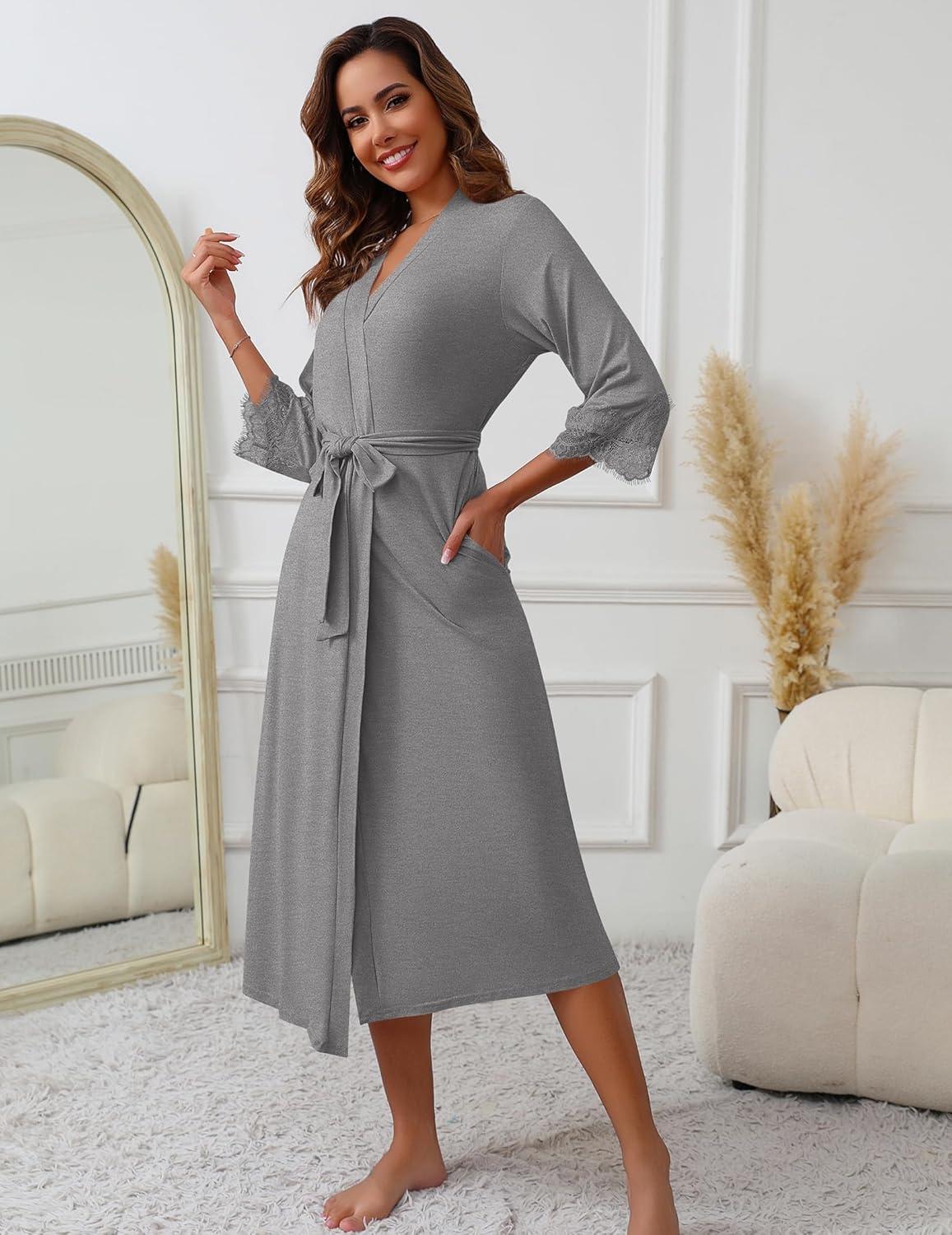 imageEkouaer Womens Knit Bathrobe Lace Kimono Robes with Pockets Full Length Lightweight Loungewear SXXLMedium Gray
