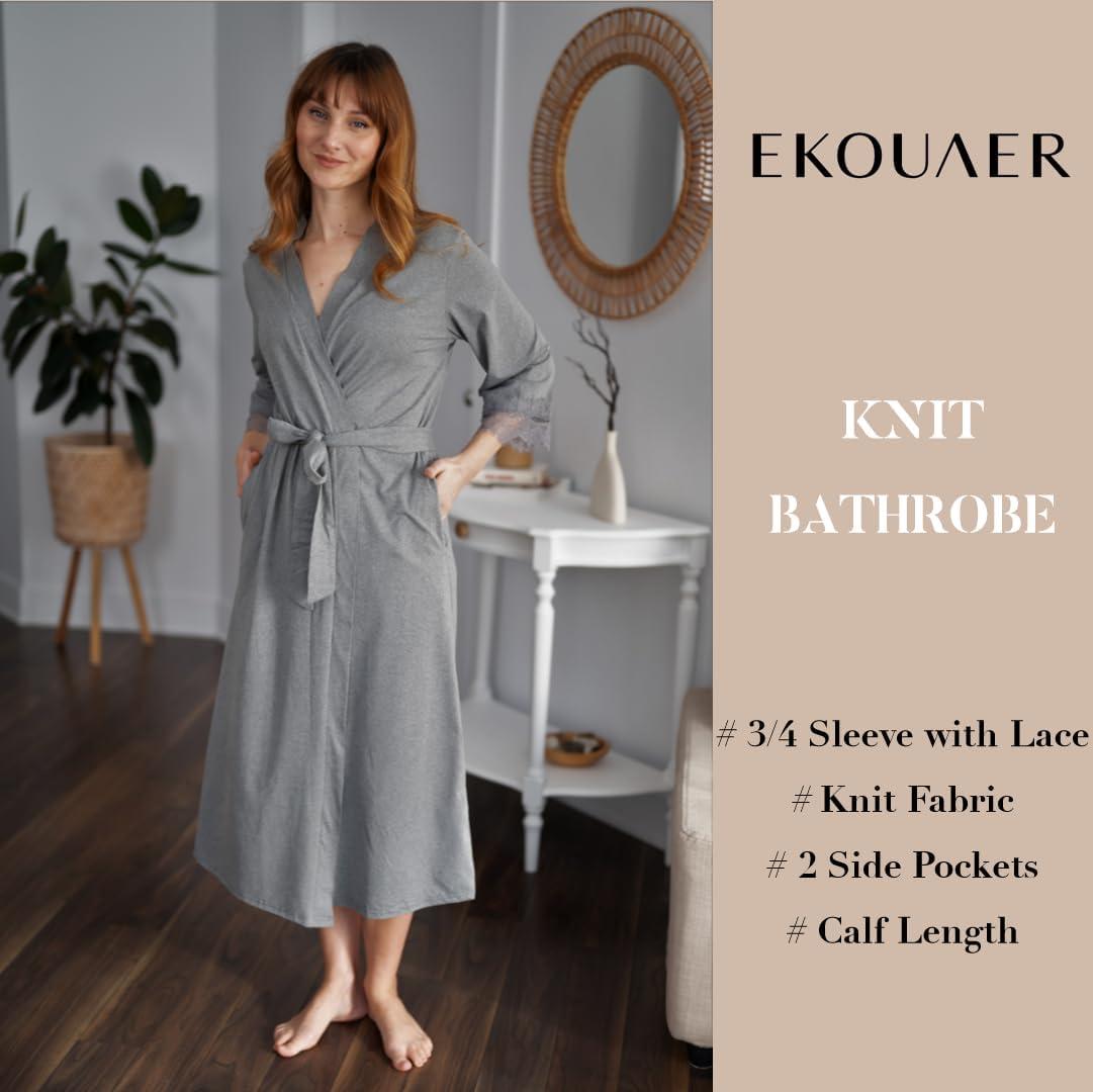 imageEkouaer Womens Knit Bathrobe Lace Kimono Robes with Pockets Full Length Lightweight Loungewear SXXLMedium Gray