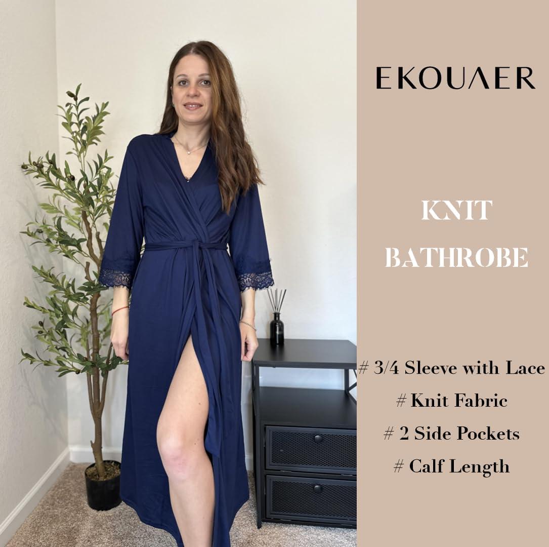 imageEkouaer Womens Knit Bathrobe Lace Kimono Robes with Pockets Full Length Lightweight Loungewear SXXLNavy Blue