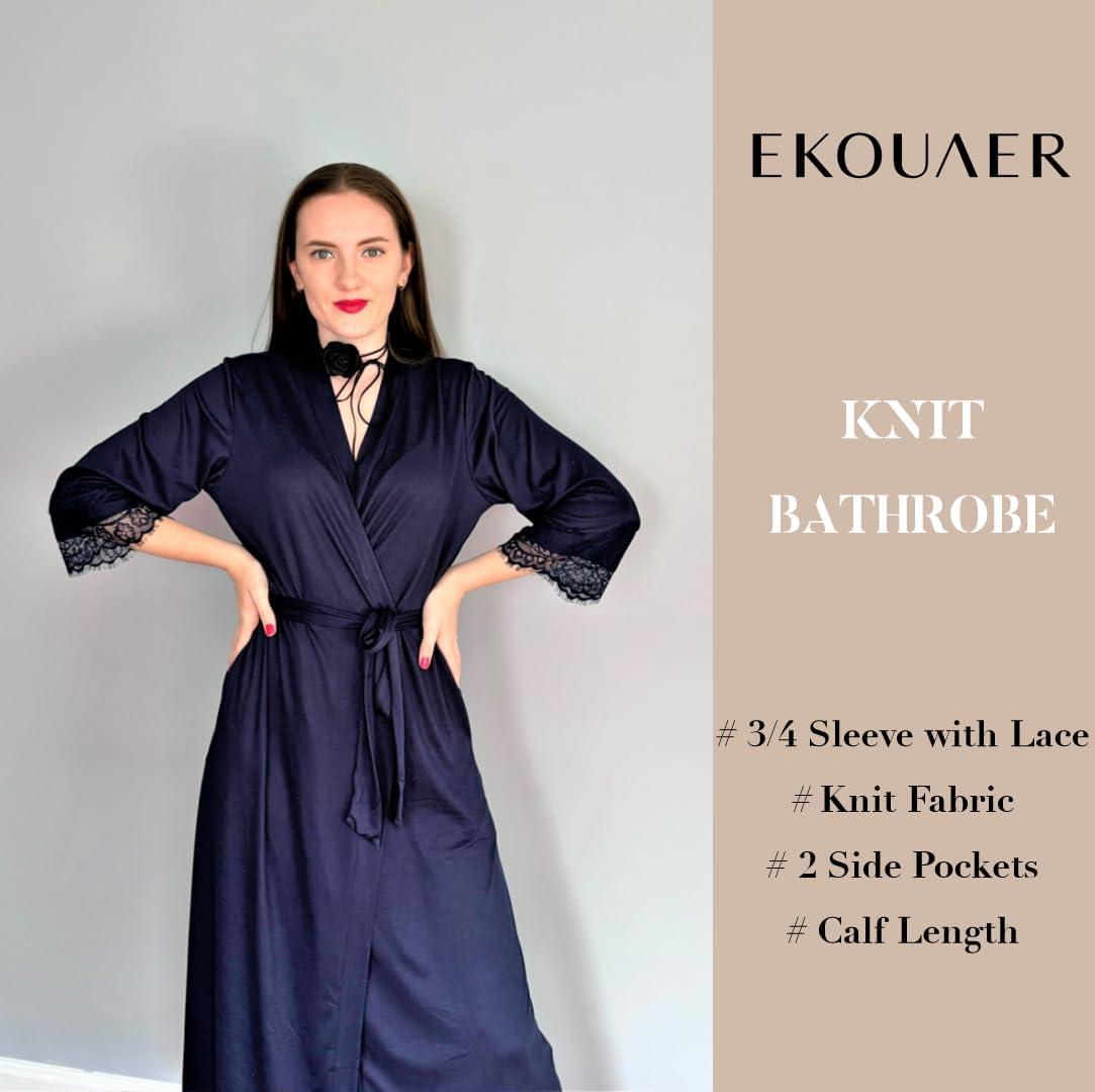 imageEkouaer Womens Knit Bathrobe Lace Kimono Robes with Pockets Full Length Lightweight Loungewear SXXLNavy Blue