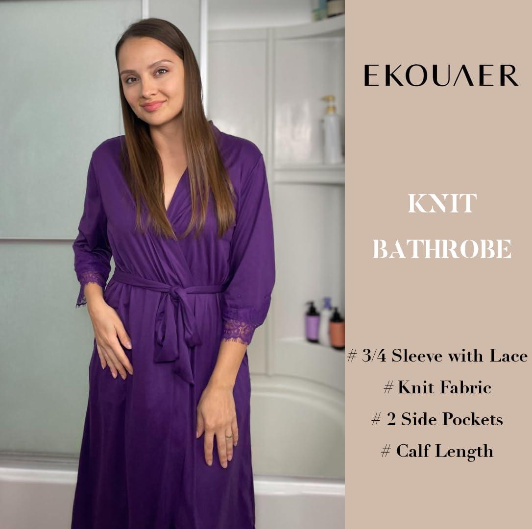 imageEkouaer Womens Knit Bathrobe Lace Kimono Robes with Pockets Full Length Lightweight Loungewear SXXLPurple
