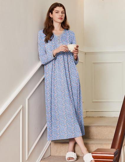 imageEkouaer Womens Long Sleeve Nightgown Full Length Sleepwear Long Sleepshirts Henley Sleep Dress S4XLAablue Florals