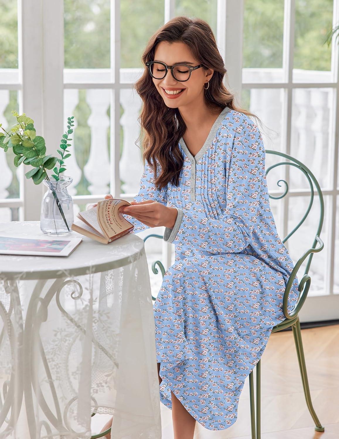 imageEkouaer Womens Long Sleeve Nightgown Full Length Sleepwear Long Sleepshirts Henley Sleep Dress S4XLAablue Florals