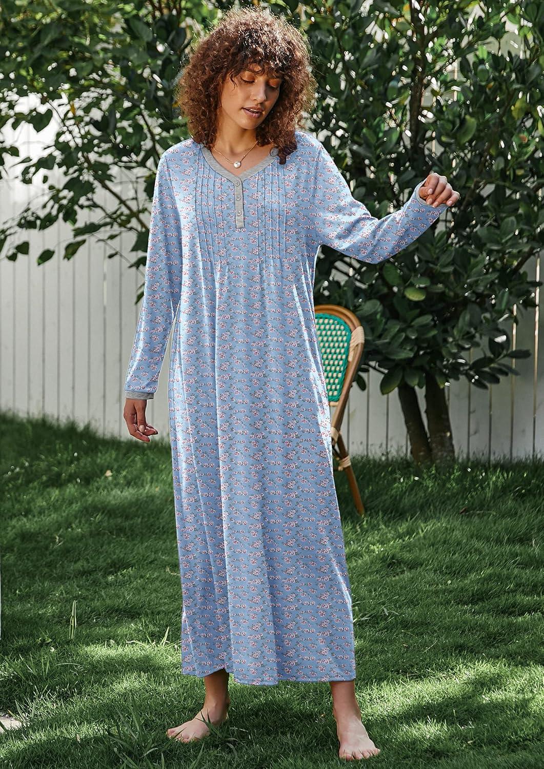 imageEkouaer Womens Long Sleeve Nightgown Full Length Sleepwear Long Sleepshirts Henley Sleep Dress S4XLAablue Florals
