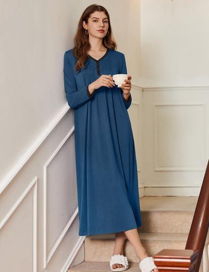 imageEkouaer Womens Long Sleeve Nightgown Full Length Sleepwear Long Sleepshirts Henley Sleep Dress S4XLAanavy