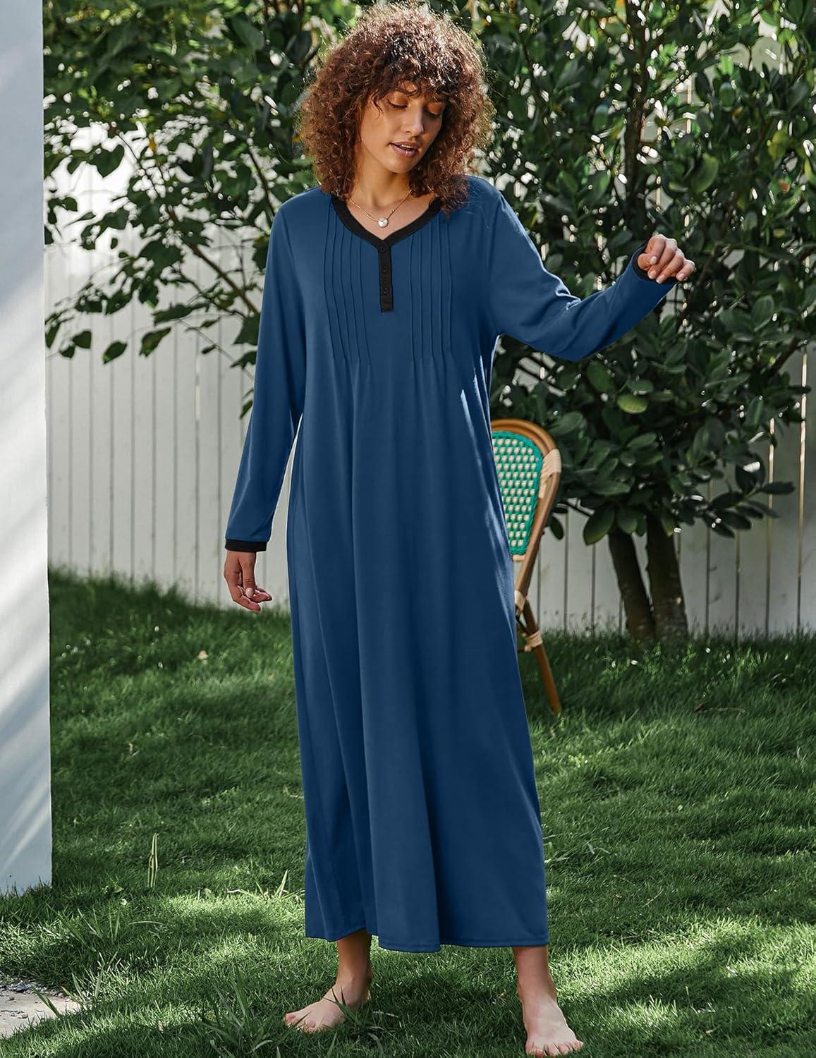imageEkouaer Womens Long Sleeve Nightgown Full Length Sleepwear Long Sleepshirts Henley Sleep Dress S4XLAanavy