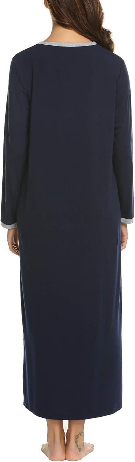 imageEkouaer Womens Long Sleeve Nightgown Full Length Sleepwear Long Sleepshirts Henley Sleep Dress S4XLAanavy Blue