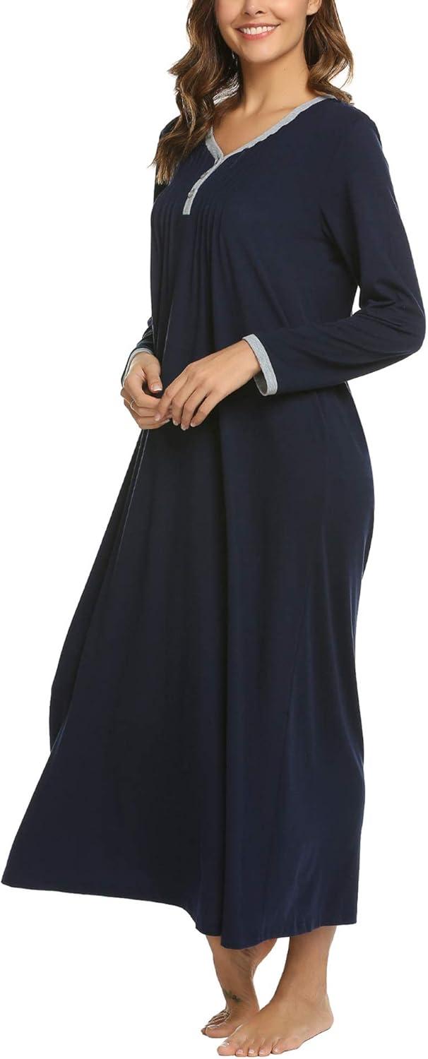 imageEkouaer Womens Long Sleeve Nightgown Full Length Sleepwear Long Sleepshirts Henley Sleep Dress S4XLAanavy Blue