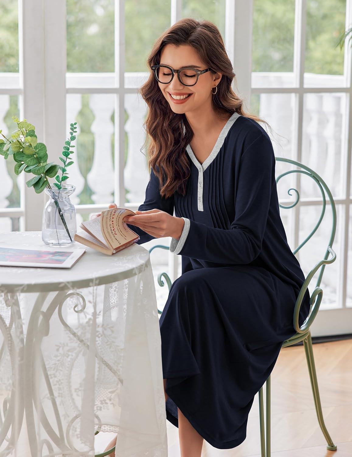 imageEkouaer Womens Long Sleeve Nightgown Full Length Sleepwear Long Sleepshirts Henley Sleep Dress S4XLAanavy Blue