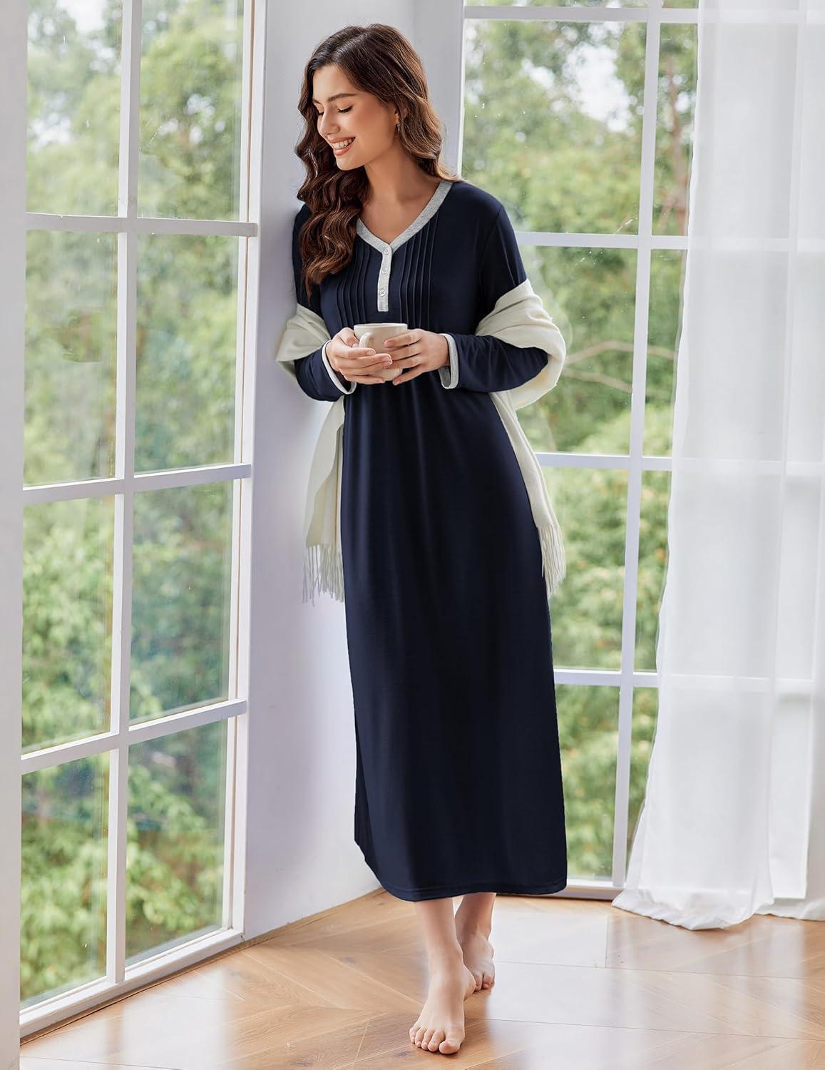 imageEkouaer Womens Long Sleeve Nightgown Full Length Sleepwear Long Sleepshirts Henley Sleep Dress S4XLAanavy Blue
