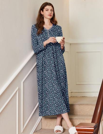 imageEkouaer Womens Long Sleeve Nightgown Full Length Sleepwear Long Sleepshirts Henley Sleep Dress S4XLAanavy Flowers