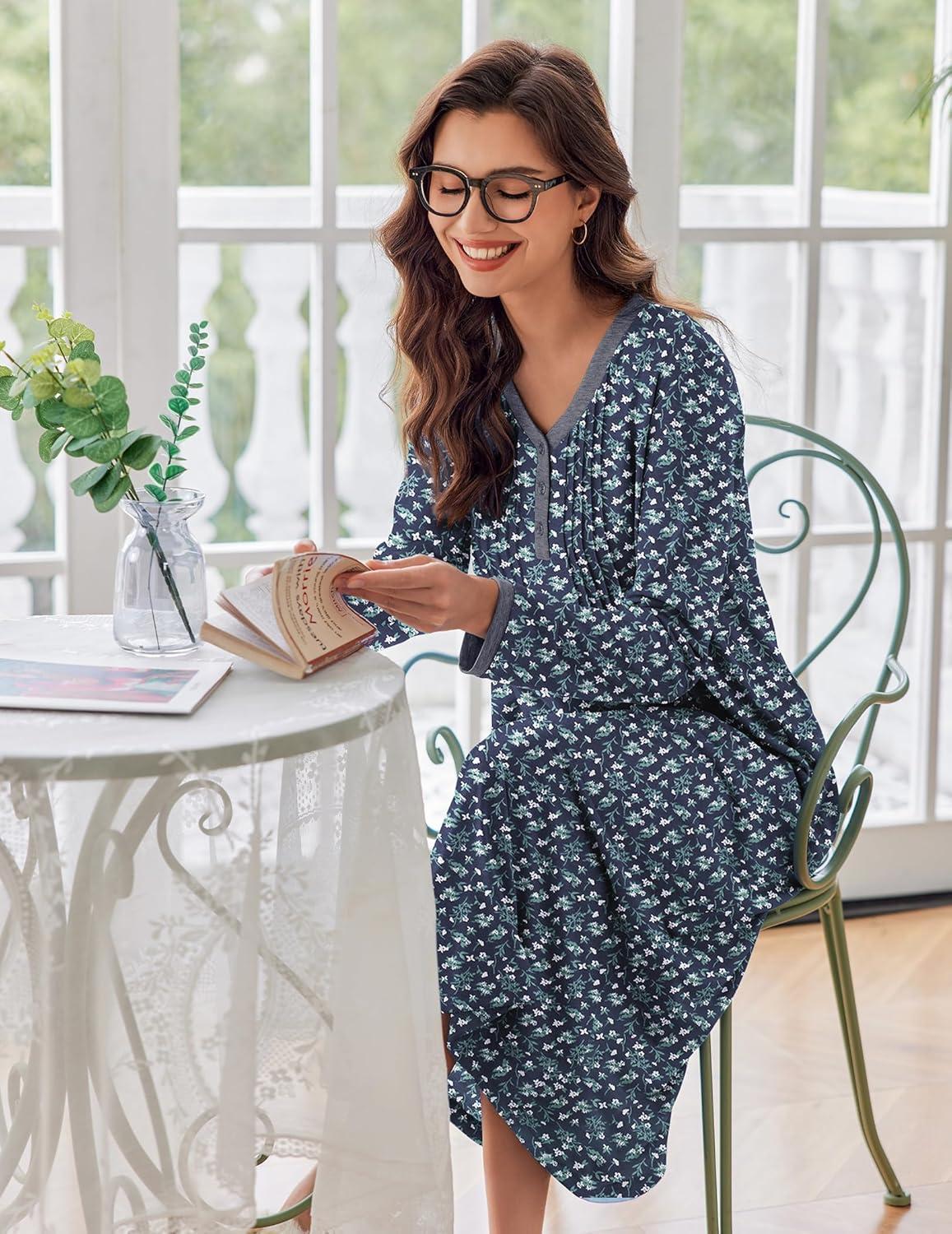 imageEkouaer Womens Long Sleeve Nightgown Full Length Sleepwear Long Sleepshirts Henley Sleep Dress S4XLAanavy Flowers