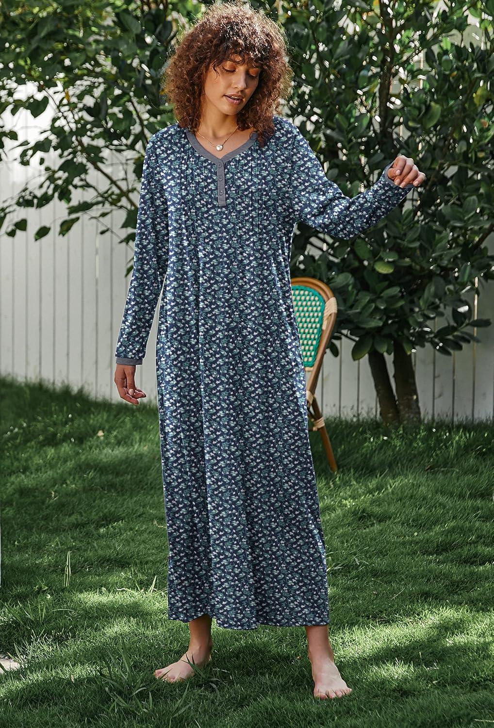 imageEkouaer Womens Long Sleeve Nightgown Full Length Sleepwear Long Sleepshirts Henley Sleep Dress S4XLAanavy Flowers